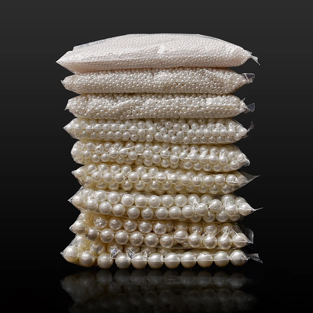 10-1000pcs/lot 3-20mm Straight Holes Acrylic Imitation Pearl Beige Bracelet Round Beads For DIY Craft Jewelry Making Supplies
