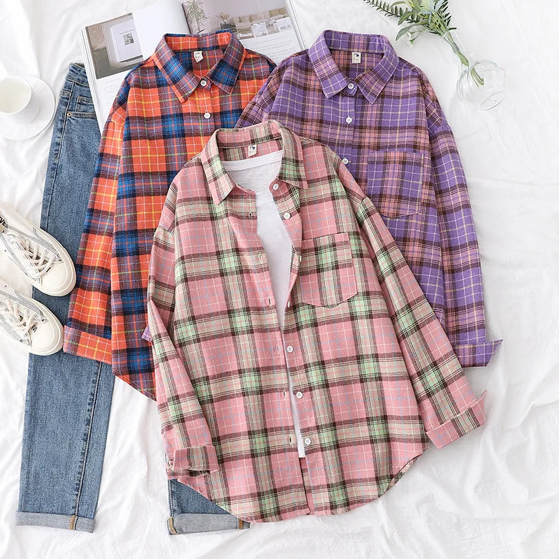 Casual Women's Plaid Shirt 2025 Spring Autumn New Ladies Loose Blouse and Tops Female Long Sleeve Shirts Fresh Checked Clothes