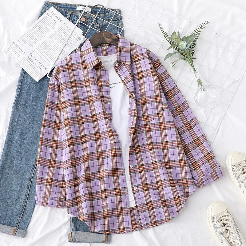 Casual Women's Plaid Shirt 2025 Spring Autumn New Ladies Loose Blouse and Tops Female Long Sleeve Shirts Fresh Checked Clothes