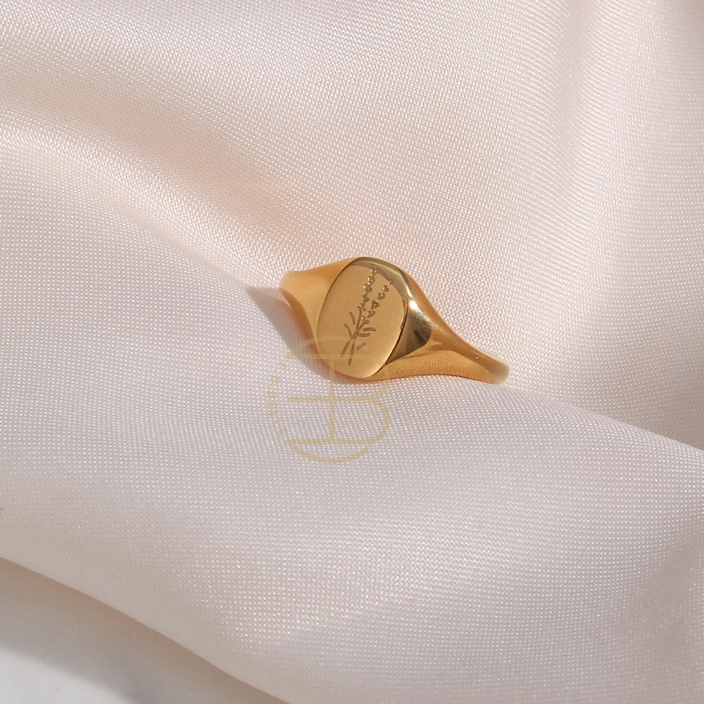 Handmade Tarnish Free Stainless Steel 18k Gold Plated Engraving Wildflower Tea Leaf Lavender Sunflower Signet Rings For Women