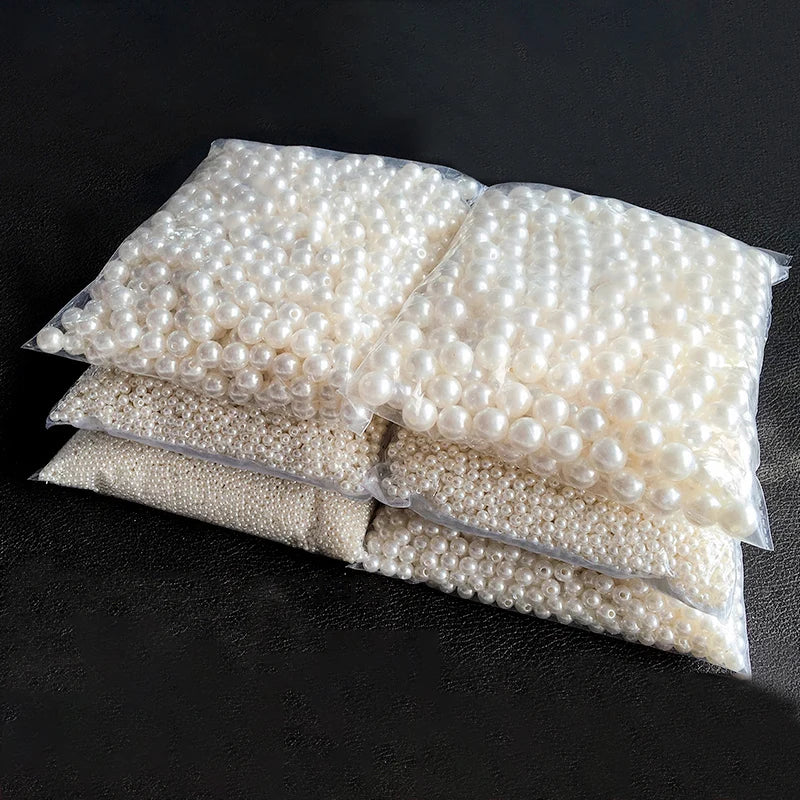 10-1000pcs/lot 3-20mm Straight Holes Acrylic Imitation Pearl Beige Bracelet Round Beads For DIY Craft Jewelry Making Supplies