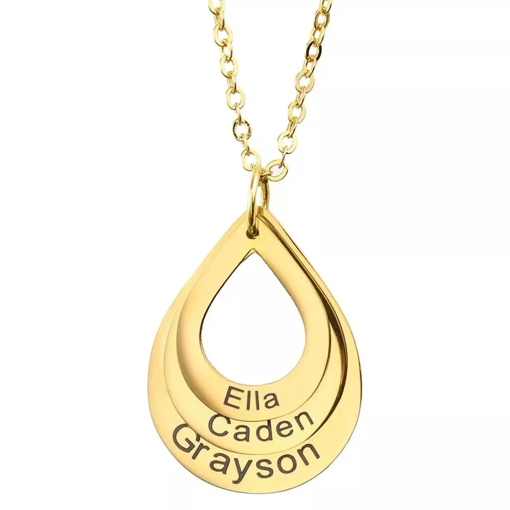 Personalized Water Drop Necklace With Rotating Rose Box Custom Family Names Heart Charms Waterdrop Pendants Gift for Women Mom