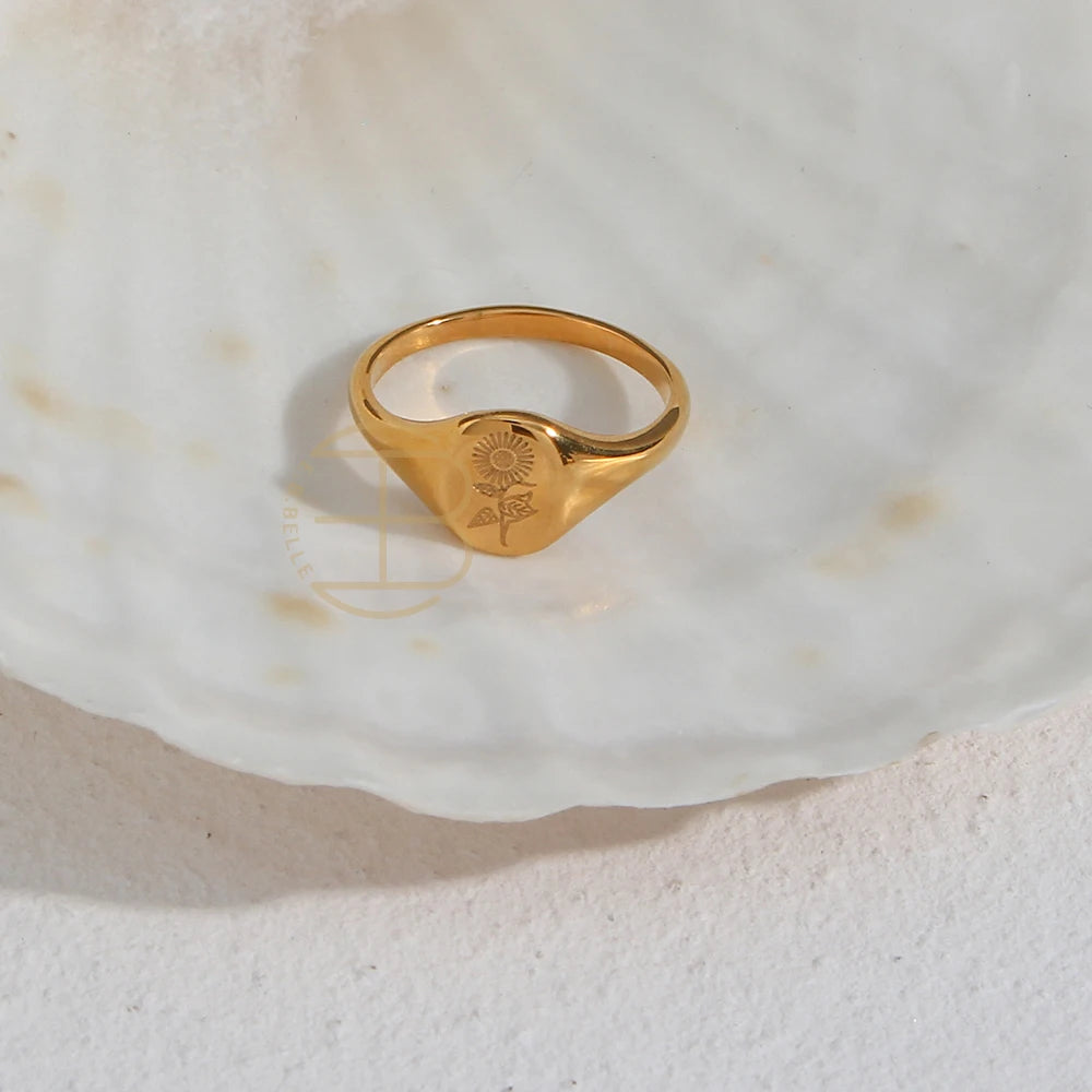 Handmade Tarnish Free Stainless Steel 18k Gold Plated Engraving Wildflower Tea Leaf Lavender Sunflower Signet Rings For Women