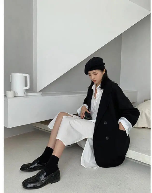 New 2025 Vintage Loose Women Solid Blazer Autumn Chic Double Breasted Female Long Sleeve Suit Jackets Stylish Ladies Blazers