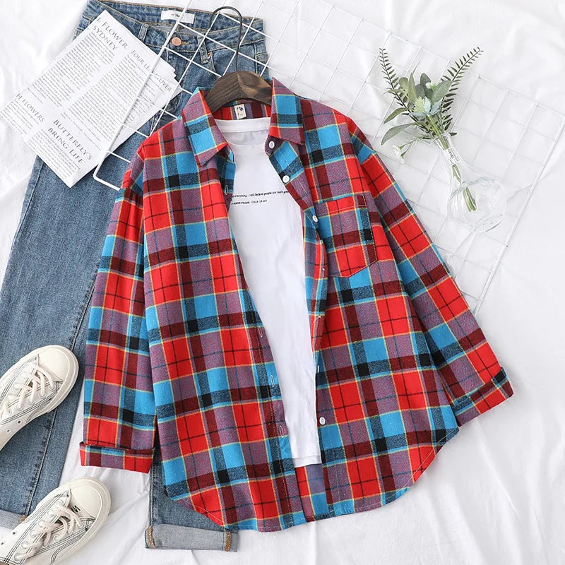 Casual Women's Plaid Shirt 2025 Spring Autumn New Ladies Loose Blouse and Tops Female Long Sleeve Shirts Fresh Checked Clothes