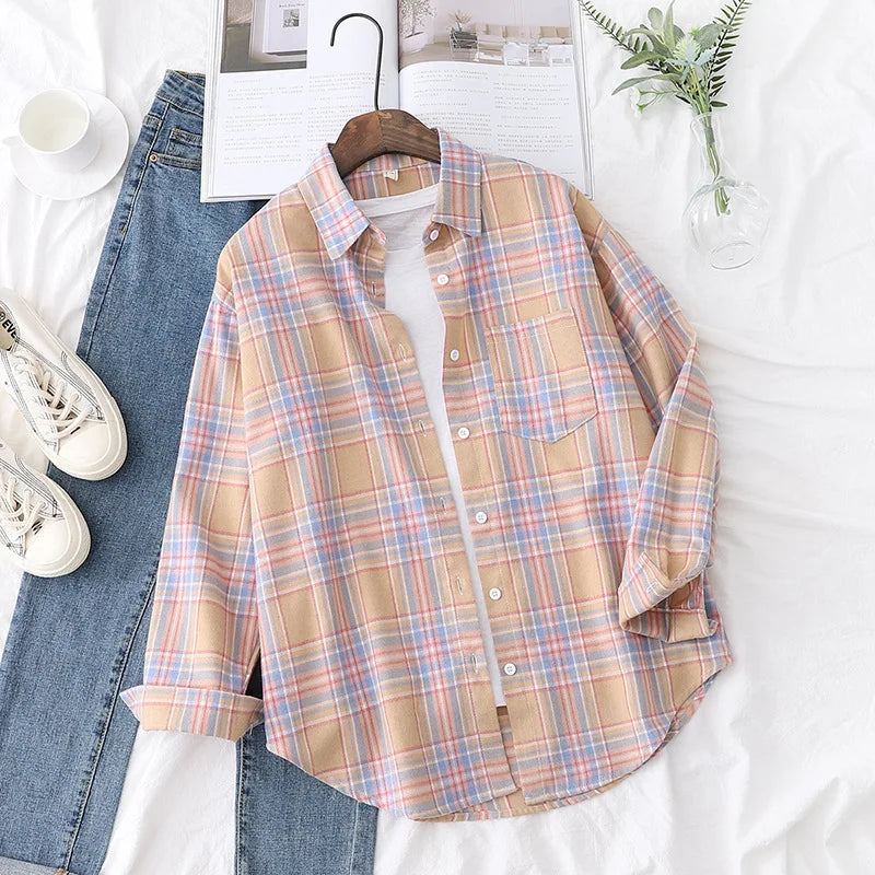 Casual Women's Plaid Shirt 2025 Spring Autumn New Ladies Loose Blouse and Tops Female Long Sleeve Shirts Fresh Checked Clothes