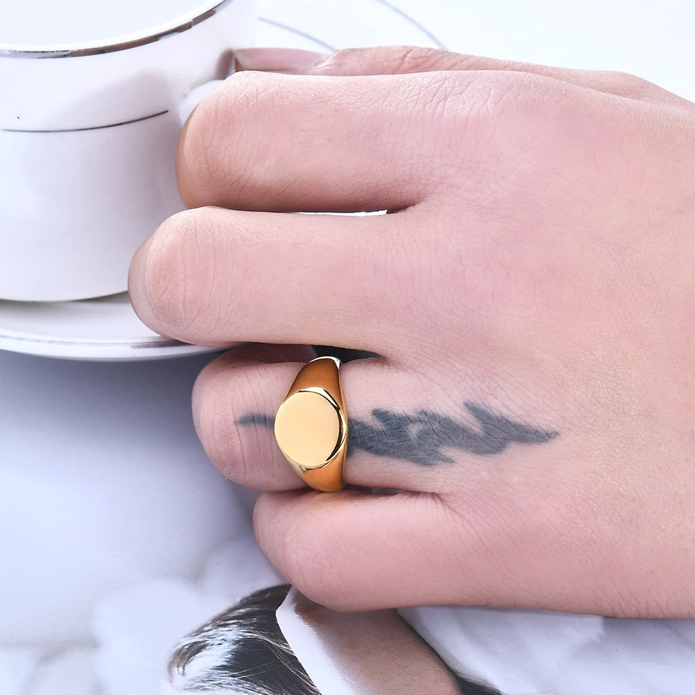 Women Signet Ring Polished Seal Chunky Oval Width Ring Stainless Steel Simple Punk Fashion Jewelry  Accessories