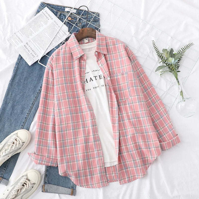 Casual Women's Plaid Shirt 2025 Spring Autumn New Ladies Loose Blouse and Tops Female Long Sleeve Shirts Fresh Checked Clothes