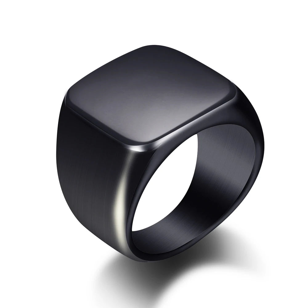 Free Engrave New Silver/Gold/Black/Blue Square Big Width Signet Rings Customized Fashion Finger Men Ring Titanium Steel Jewelry
