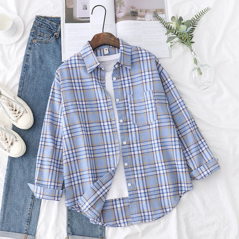 Casual Women's Plaid Shirt 2025 Spring Autumn New Ladies Loose Blouse and Tops Female Long Sleeve Shirts Fresh Checked Clothes