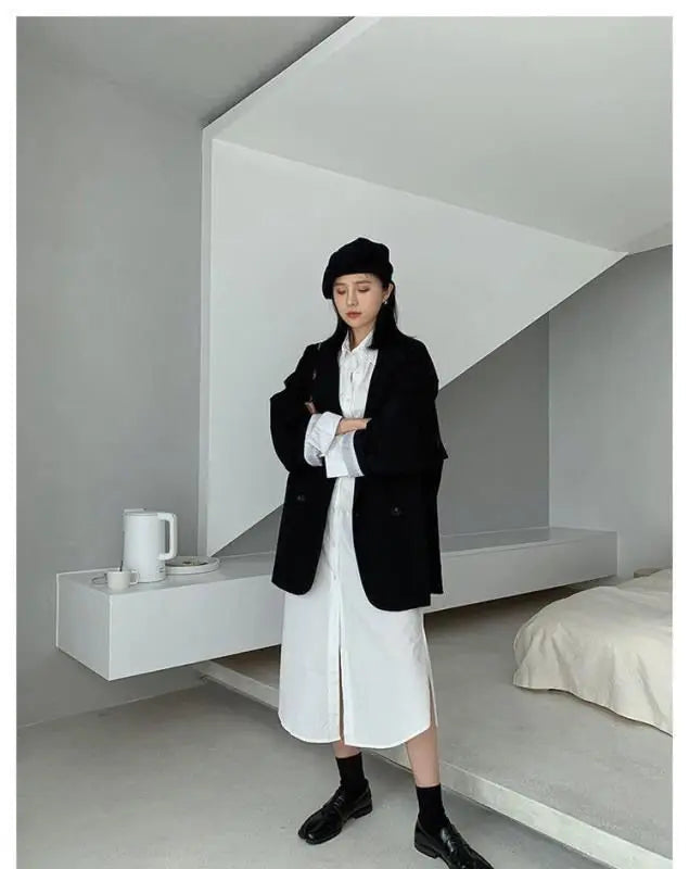 New 2025 Vintage Loose Women Solid Blazer Autumn Chic Double Breasted Female Long Sleeve Suit Jackets Stylish Ladies Blazers