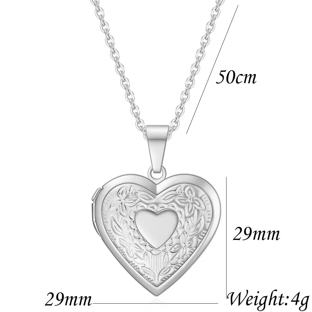 Fashion Heart Locket Pendant Necklaces for Women Openable Photo Frame Floral Stainless Steel Necklaces Family Love Collar
