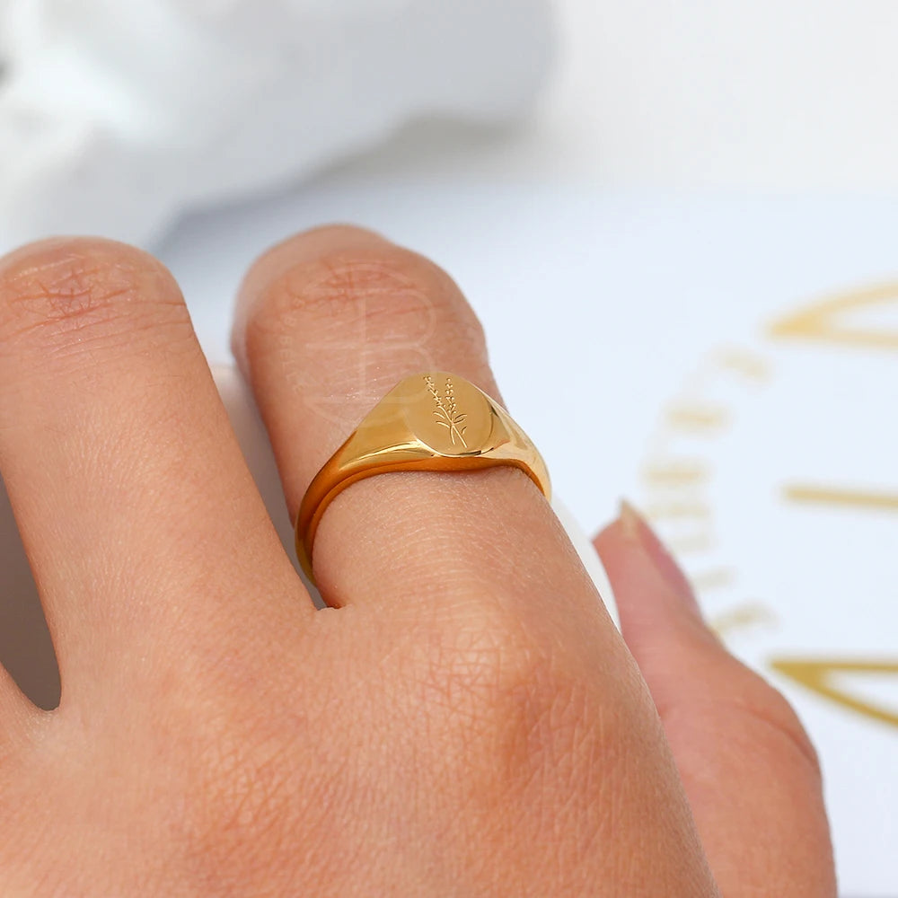 Handmade Tarnish Free Stainless Steel 18k Gold Plated Engraving Wildflower Tea Leaf Lavender Sunflower Signet Rings For Women