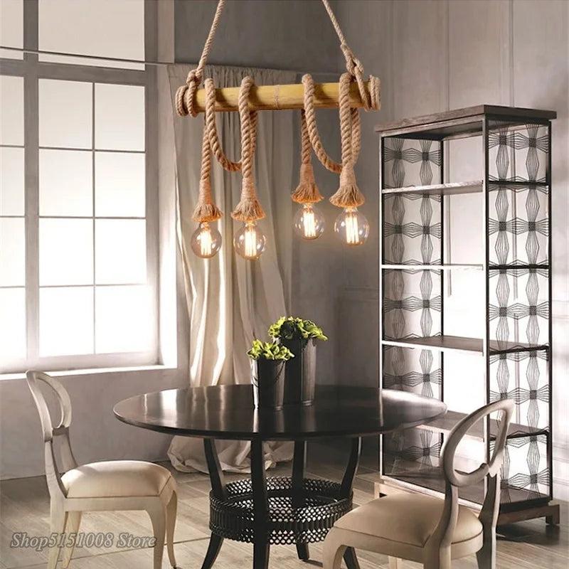 Vintage Country Hemp Rope Pendant Lights E27 Bulb Creative Hanging Lamp for Bedroom Dining Room Furniture Kitchen Light Fixtures