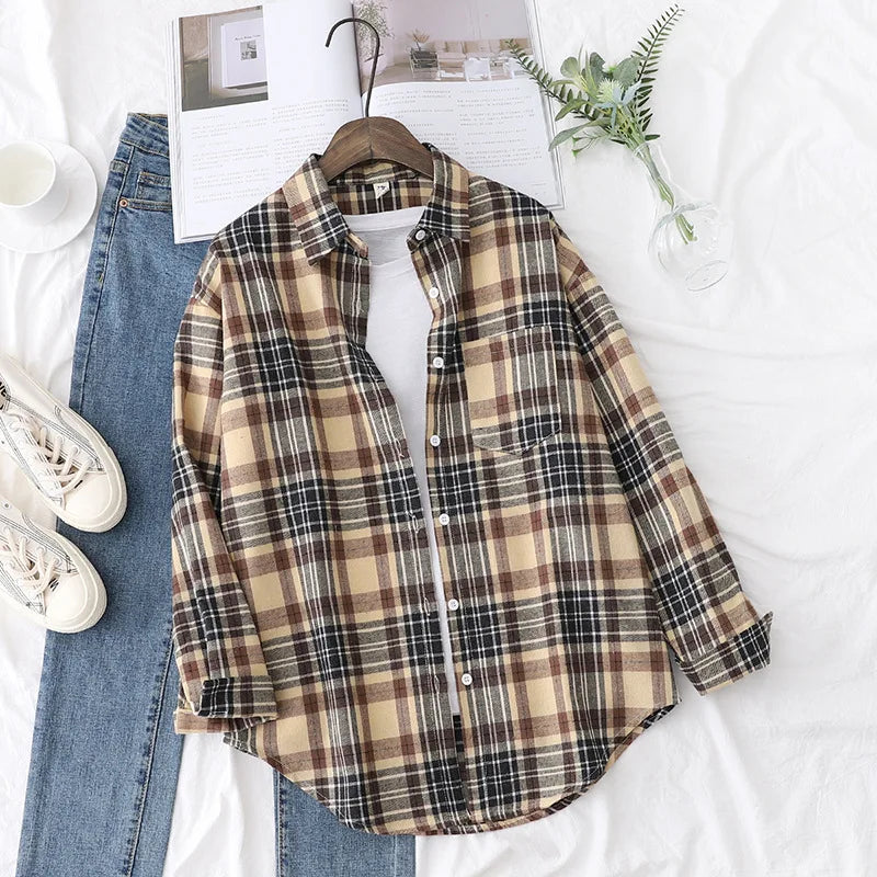 Casual Women's Plaid Shirt 2025 Spring Autumn New Ladies Loose Blouse and Tops Female Long Sleeve Shirts Fresh Checked Clothes