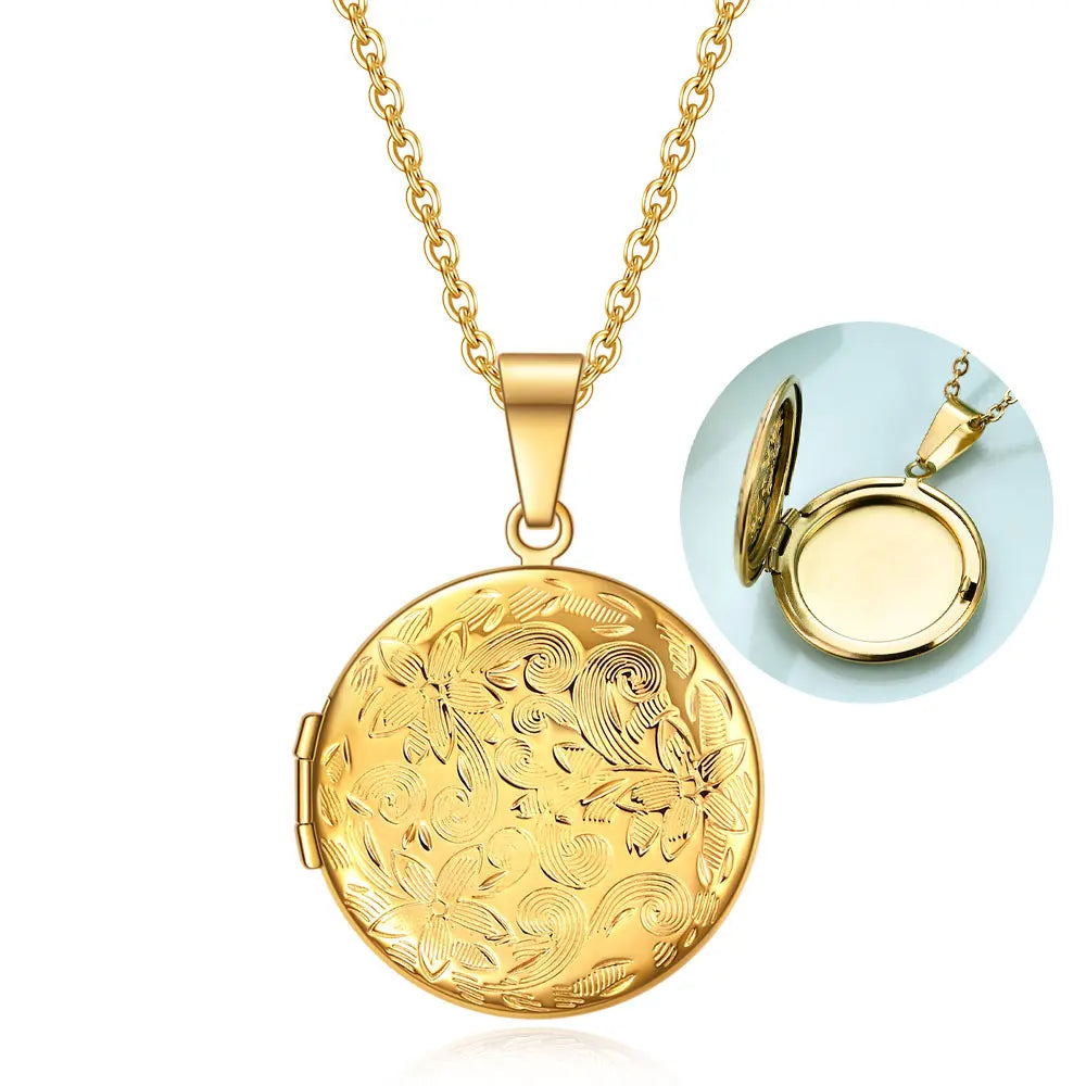 Fashion Heart Locket Pendant Necklaces for Women Openable Photo Frame Floral Stainless Steel Necklaces Family Love Collar