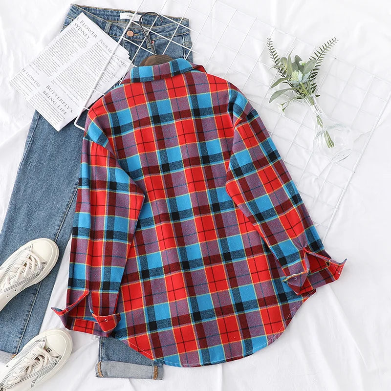 Casual Women's Plaid Shirt 2025 Spring Autumn New Ladies Loose Blouse and Tops Female Long Sleeve Shirts Fresh Checked Clothes