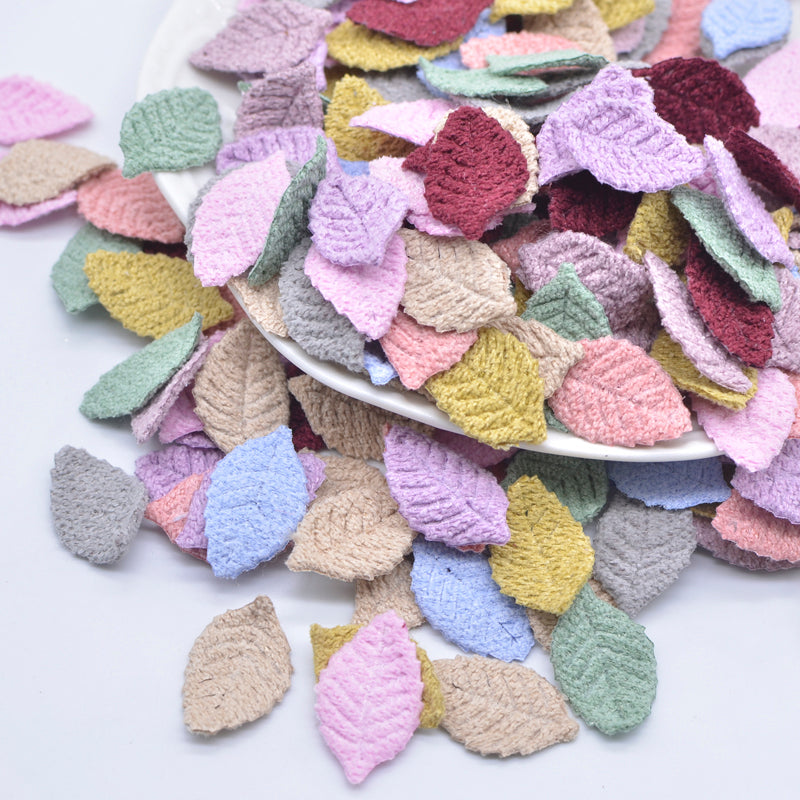 100Pcs 18*27mm Woolen Leaf Padded Flower Appliques for Children's Crafts Headwear Accessories DIY Hair Clips Earing Decoration