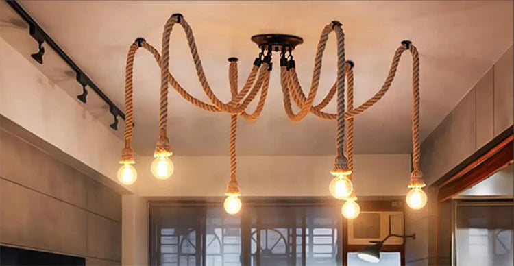 Vintage hemp rope pendant lamp dining room furniture Living room kitchen industrial Spider web Multi-head Retro hanging lights