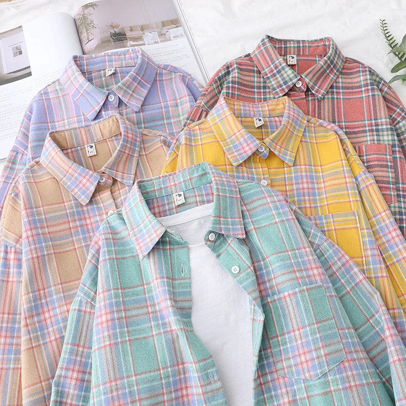 Casual Women's Plaid Shirt 2025 Spring Autumn New Ladies Loose Blouse and Tops Female Long Sleeve Shirts Fresh Checked Clothes