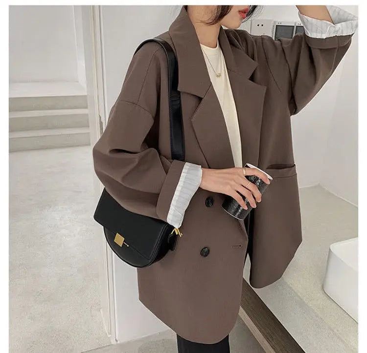 New 2025 Vintage Loose Women Solid Blazer Autumn Chic Double Breasted Female Long Sleeve Suit Jackets Stylish Ladies Blazers