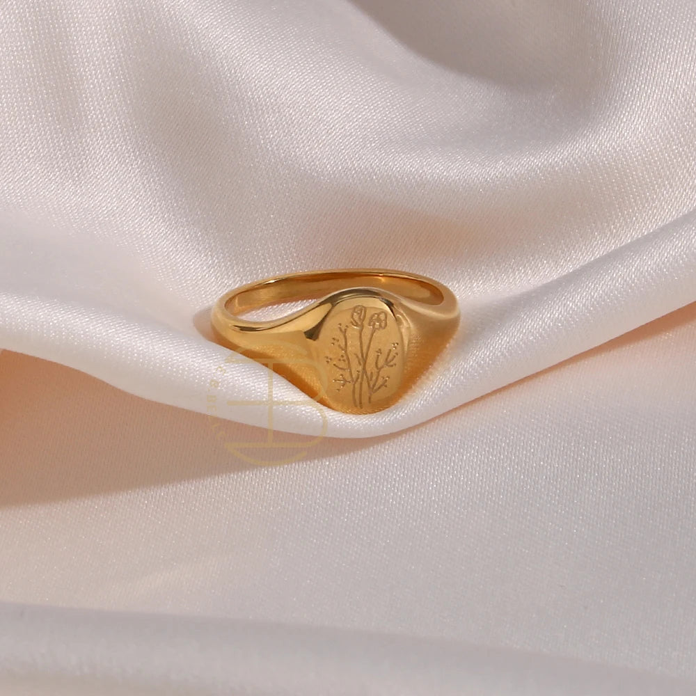 Handmade Tarnish Free Stainless Steel 18k Gold Plated Engraving Wildflower Tea Leaf Lavender Sunflower Signet Rings For Women