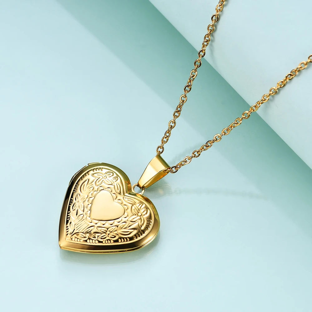 Fashion Heart Locket Pendant Necklaces for Women Openable Photo Frame Floral Stainless Steel Necklaces Family Love Collar