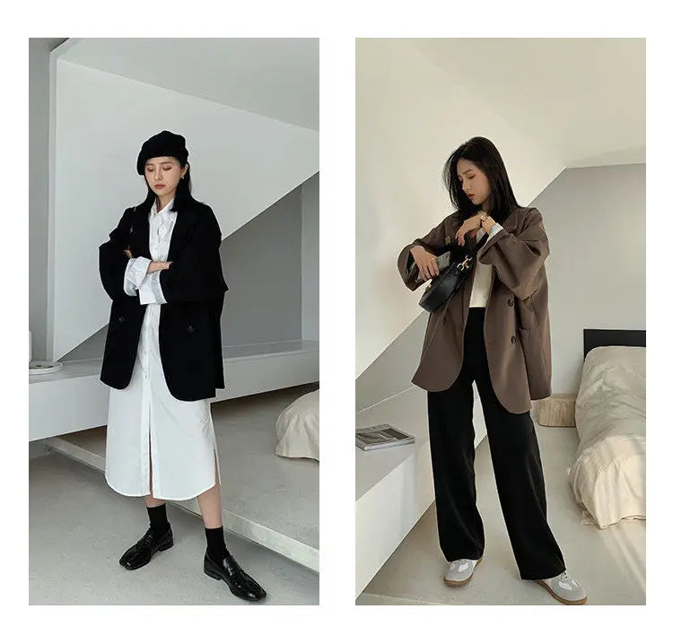 New 2025 Vintage Loose Women Solid Blazer Autumn Chic Double Breasted Female Long Sleeve Suit Jackets Stylish Ladies Blazers