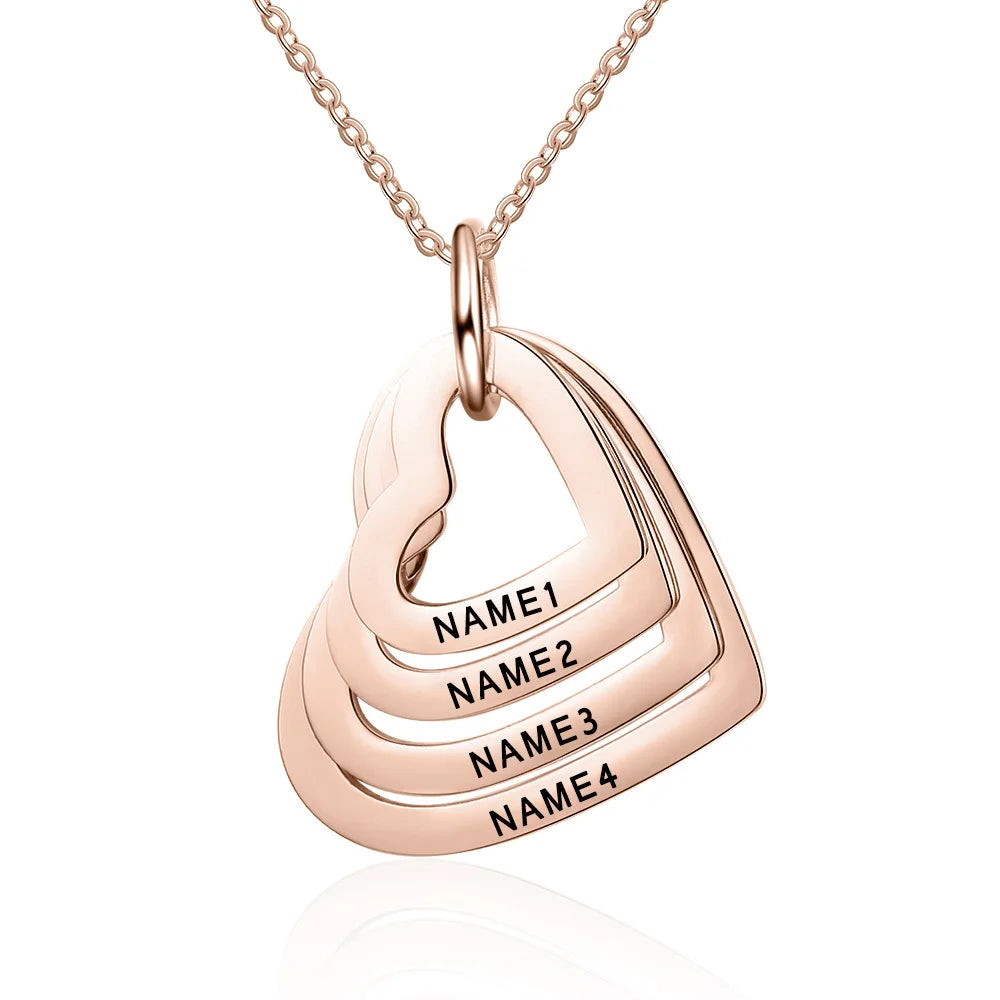 Personalized Water Drop Necklace Stainless Steel Custom Family Names 4 Layered Heart Charms Waterdrop Pendants Gift for Women