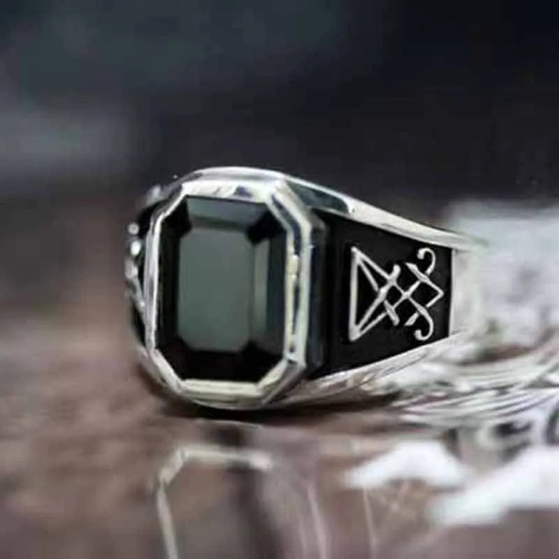 Vintage Gothic Lucifer Seal of Satan Signet Rings Punk Stainless Steel Seal Rings With Black Stone Pagan Jewelry Party Man Gift