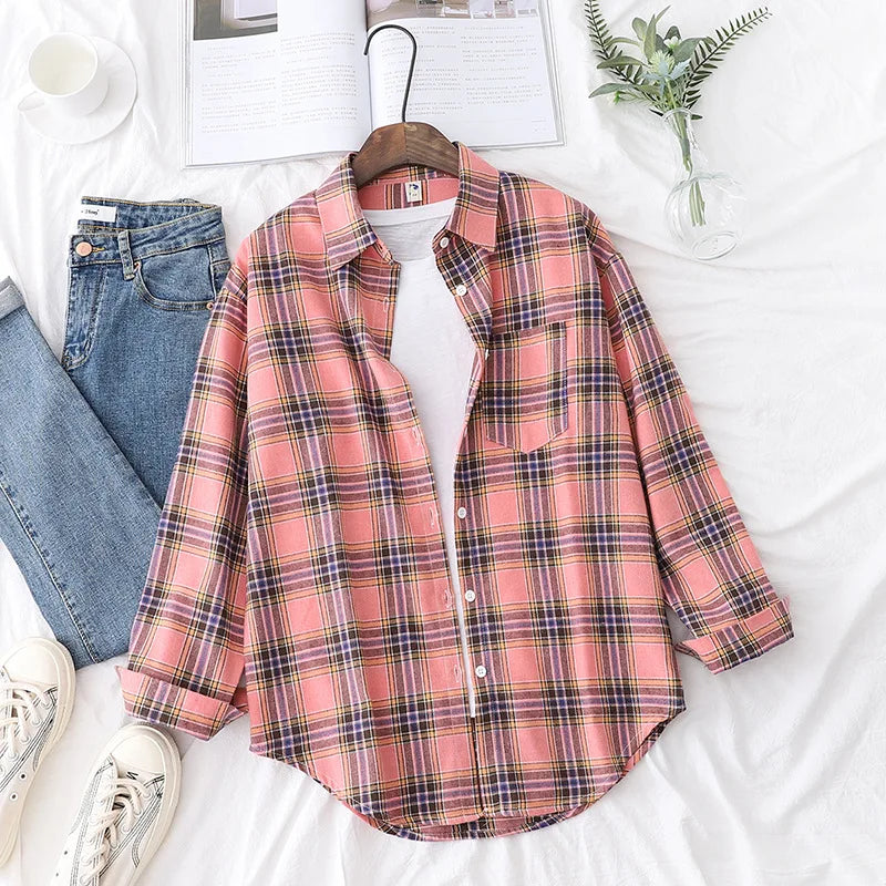 Casual Women's Plaid Shirt 2025 Spring Autumn New Ladies Loose Blouse and Tops Female Long Sleeve Shirts Fresh Checked Clothes