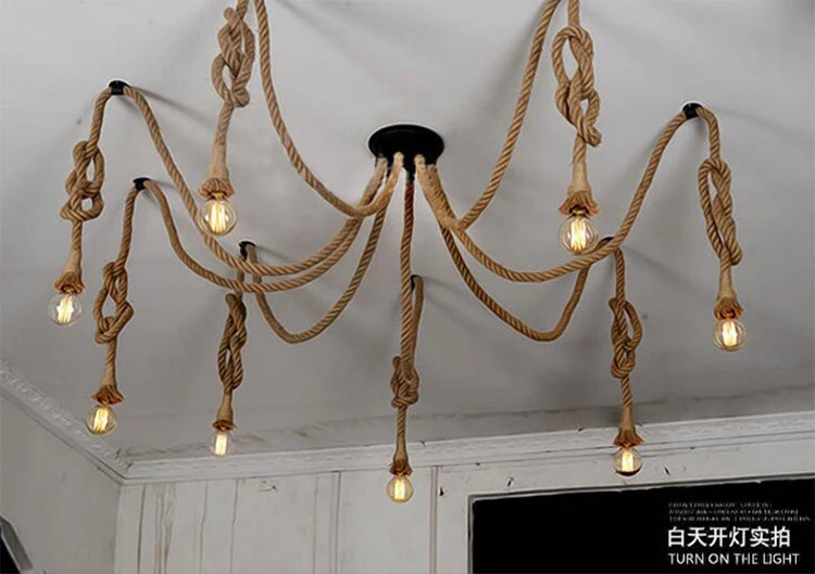 Vintage hemp rope pendant lamp dining room furniture Living room kitchen industrial Spider web Multi-head Retro hanging lights