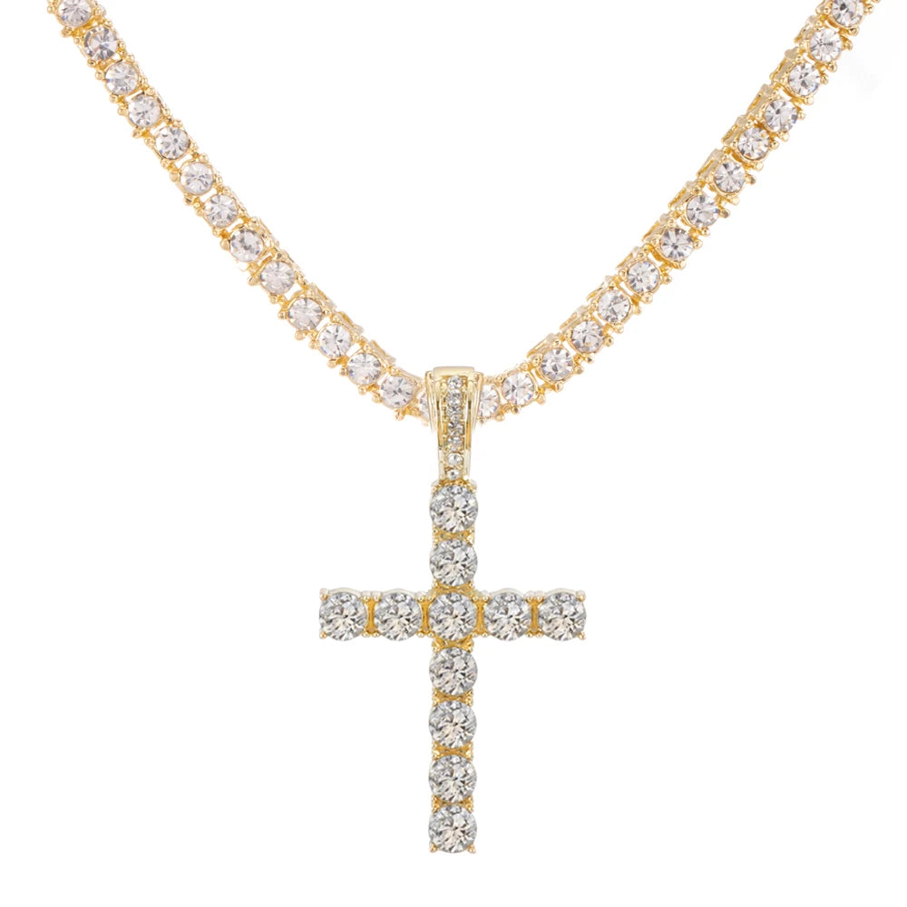 Men Women Hip Hop Cross Pendant Necklace With 4mm Zircon Tennis Chain Iced Out Exquisite Bling Jewelry Fashion Trendy Creative