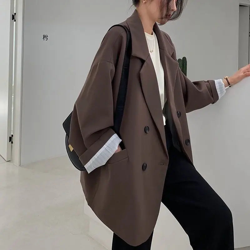 New 2025 Vintage Loose Women Solid Blazer Autumn Chic Double Breasted Female Long Sleeve Suit Jackets Stylish Ladies Blazers