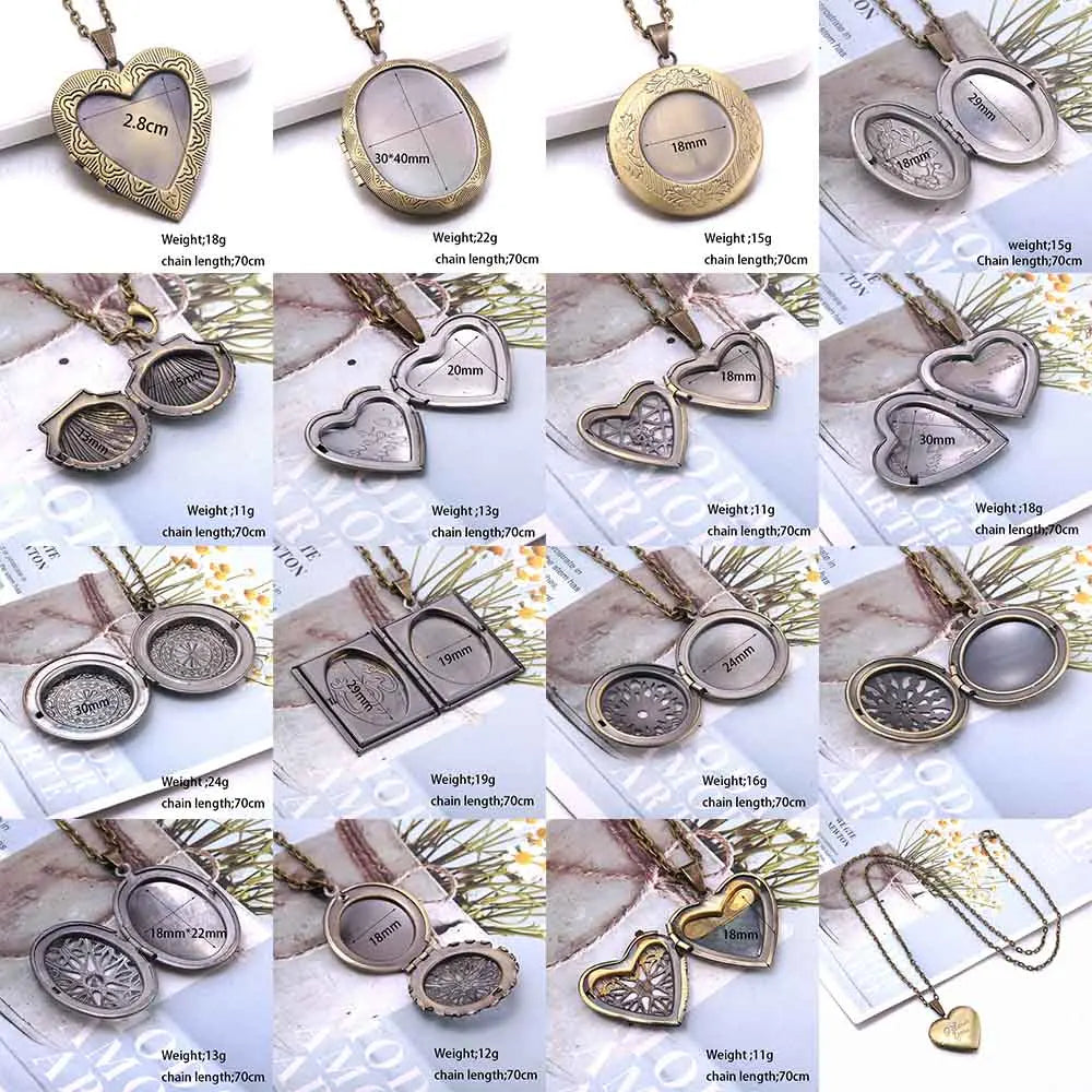Heart Carved Flower stripe Locket Pendant Necklace Women Vintage Ancient Brass Opening Photo Box Jewelry Romantic Gift
