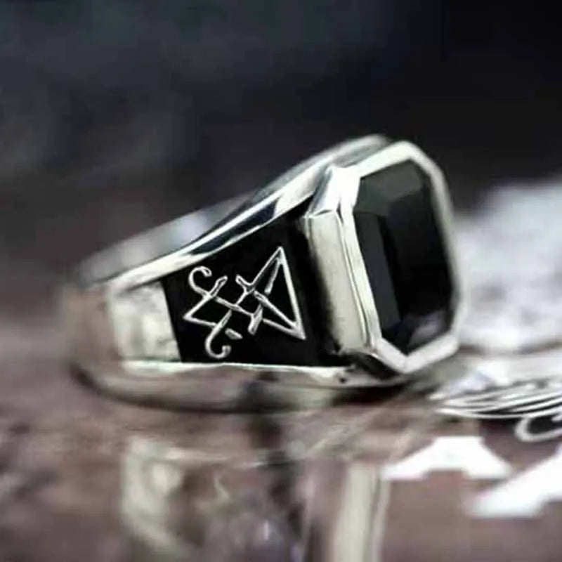 Vintage Gothic Lucifer Seal of Satan Signet Rings Punk Stainless Steel Seal Rings With Black Stone Pagan Jewelry Party Man Gift