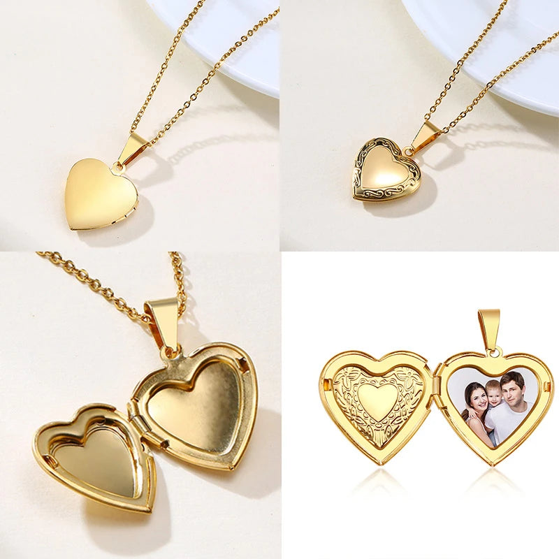 Vnox Customize Picture Name Women Necklaces Heart Locket Pendant Family Image Personalized Anniversary Gift