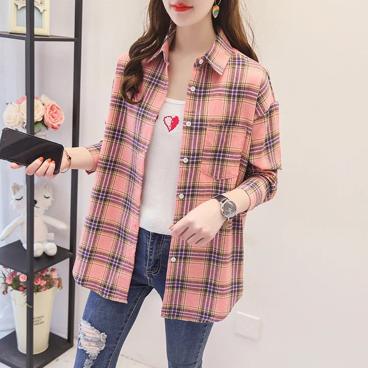 Casual Women's Plaid Shirt 2025 Spring Autumn New Ladies Loose Blouse and Tops Female Long Sleeve Shirts Fresh Checked Clothes