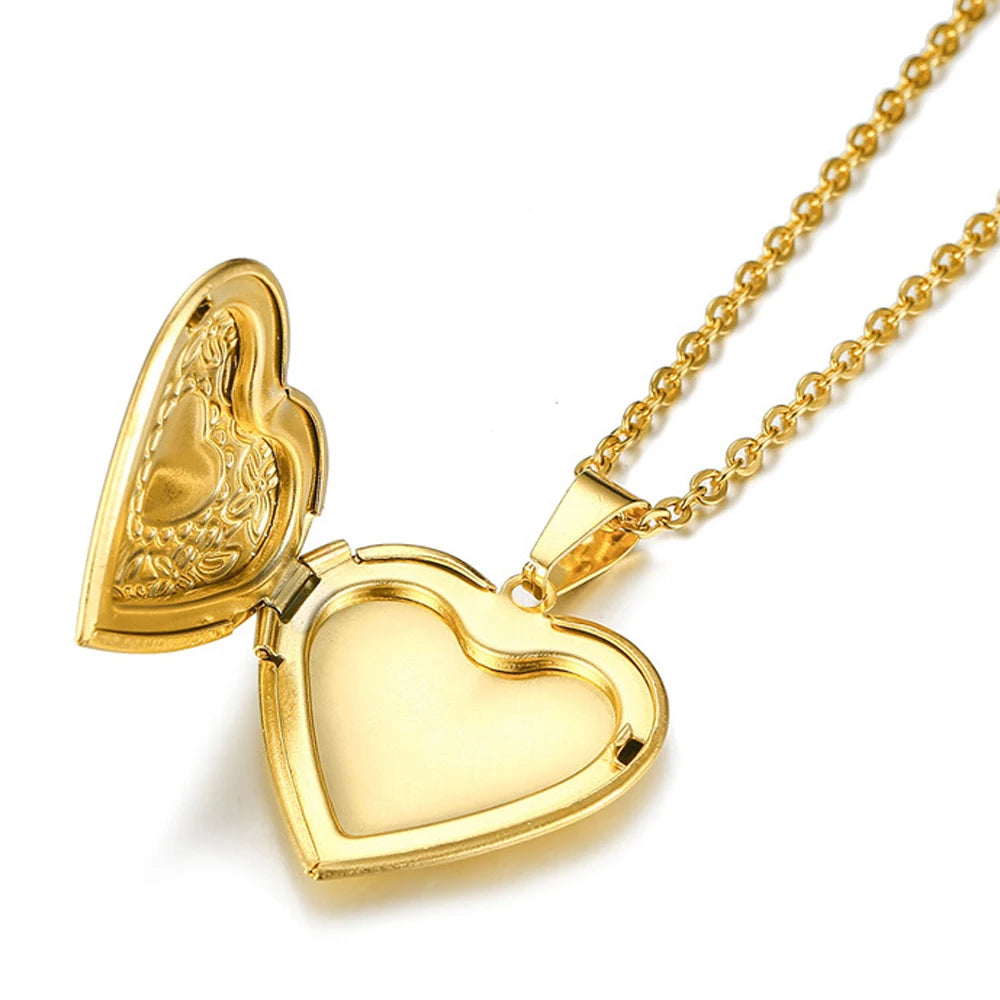 Fashion Heart Locket Pendant Necklaces for Women Openable Photo Frame Floral Stainless Steel Necklaces Family Love Collar