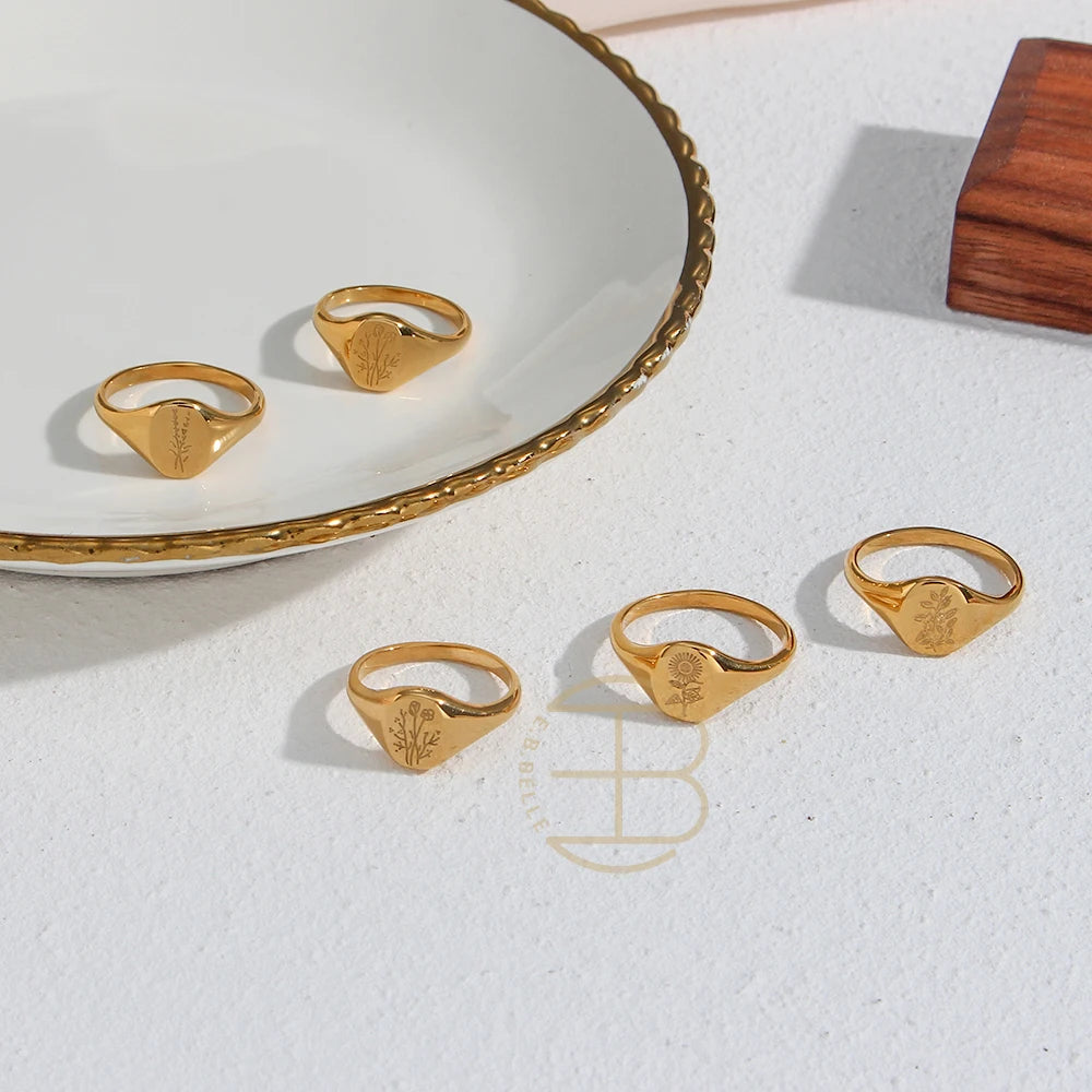 Handmade Tarnish Free Stainless Steel 18k Gold Plated Engraving Wildflower Tea Leaf Lavender Sunflower Signet Rings For Women