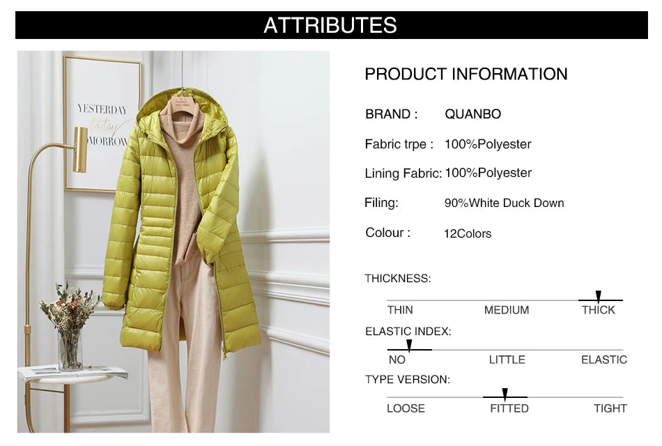 Women Long Warm Light Down Jacket Ladies Fashion Hooded with Portable Storage Bag Puffer Coats Women's Overcoats Hip-Length Coat