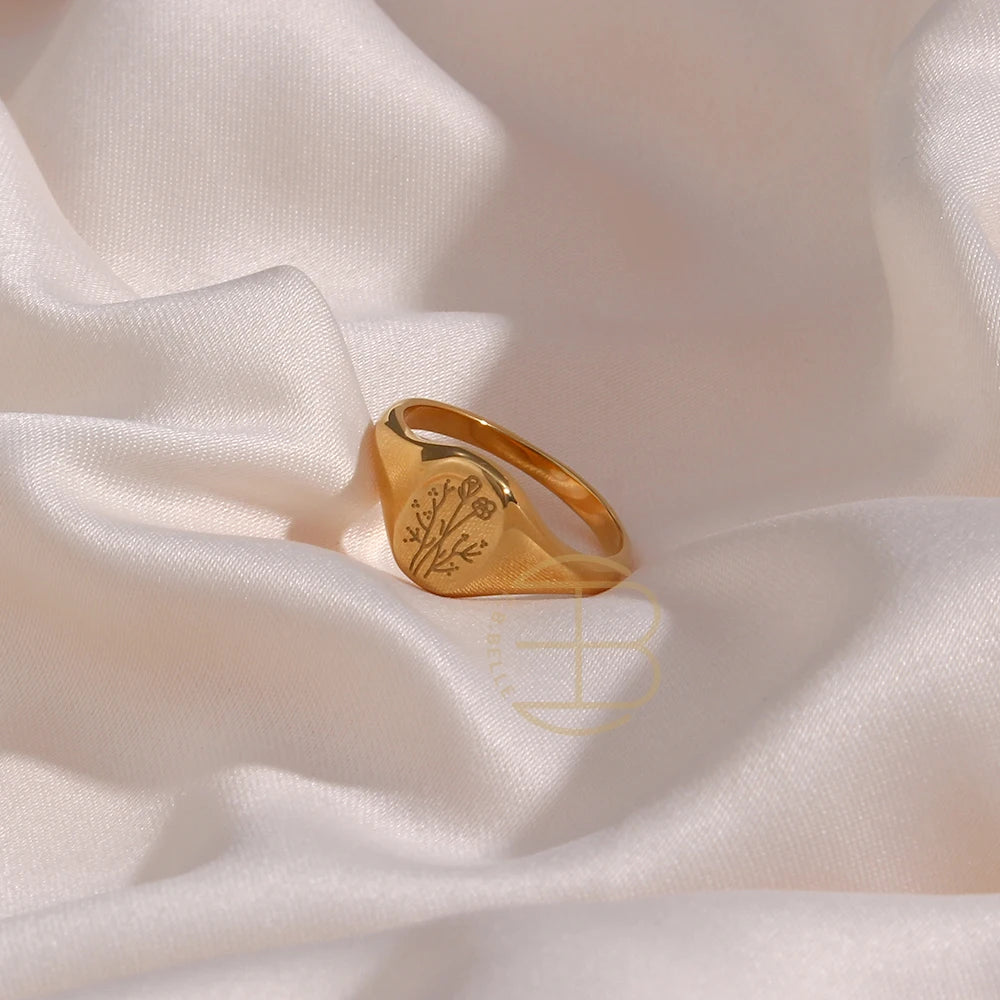 Handmade Tarnish Free Stainless Steel 18k Gold Plated Engraving Wildflower Tea Leaf Lavender Sunflower Signet Rings For Women