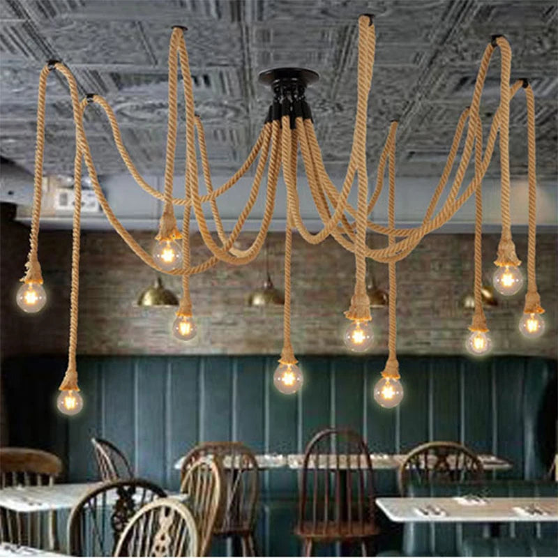 Vintage hemp rope pendant lamp dining room furniture Living room kitchen industrial Spider web Multi-head Retro hanging lights