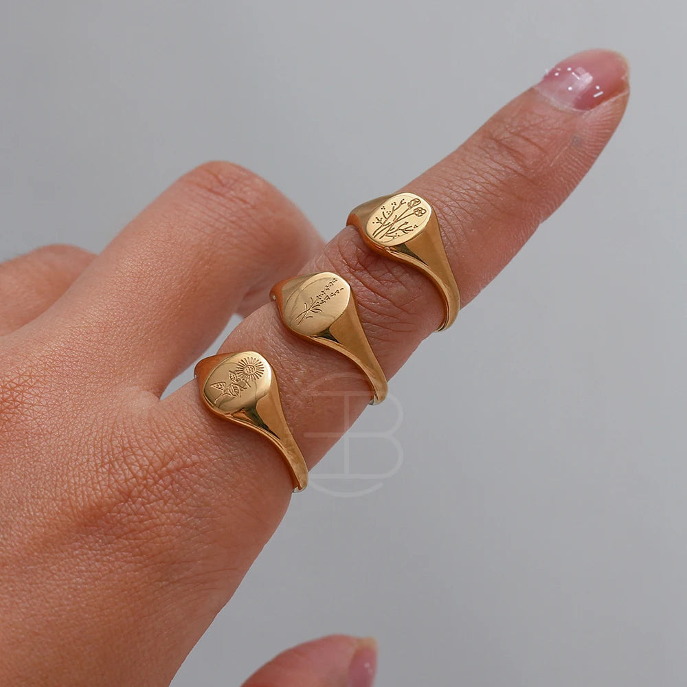 Handmade Tarnish Free Stainless Steel 18k Gold Plated Engraving Wildflower Tea Leaf Lavender Sunflower Signet Rings For Women