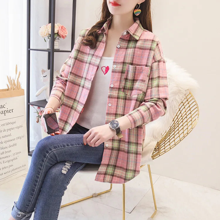Casual Women's Plaid Shirt 2025 Spring Autumn New Ladies Loose Blouse and Tops Female Long Sleeve Shirts Fresh Checked Clothes