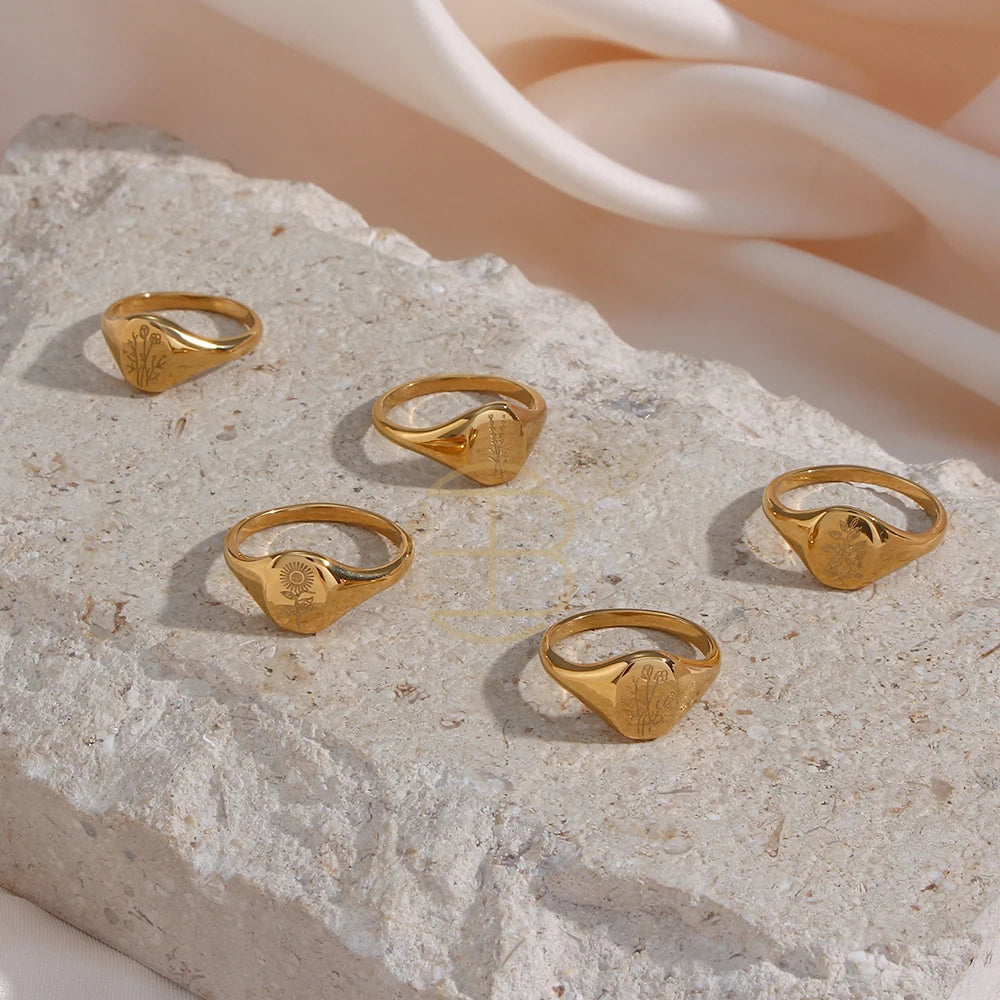 Handmade Tarnish Free Stainless Steel 18k Gold Plated Engraving Wildflower Tea Leaf Lavender Sunflower Signet Rings For Women