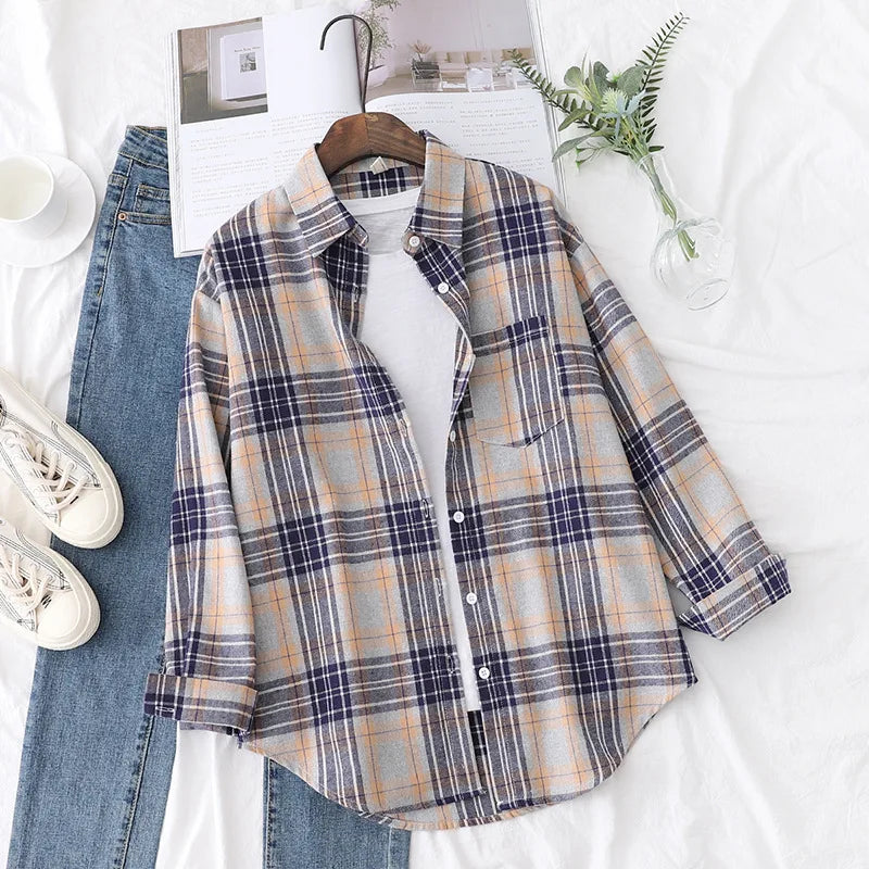 Casual Women's Plaid Shirt 2025 Spring Autumn New Ladies Loose Blouse and Tops Female Long Sleeve Shirts Fresh Checked Clothes