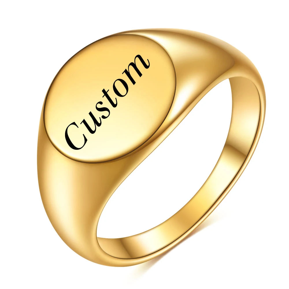 Customized Women Signet Ring Chunky Round Name Logo Stamp Stainless Steel Punk Candid Fashion Jewelry Female Wedding Accessories