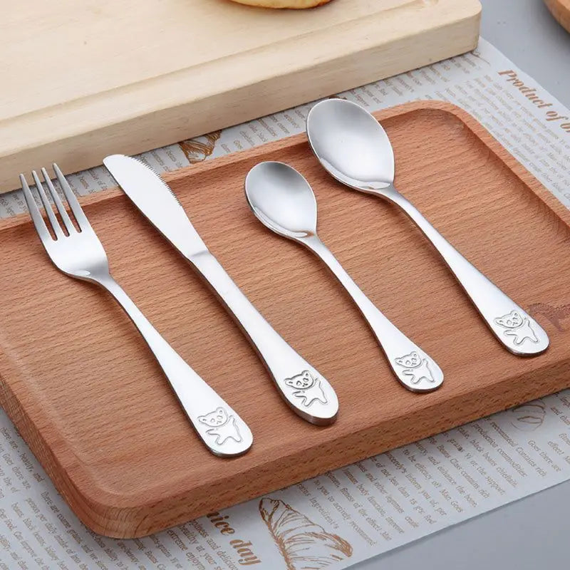 4pcs/Set Baby Teaspoon Spoon Food Feeding Fork Knife Utensils Stainless Steel Kids Learning Eating Habit Children Tableware
