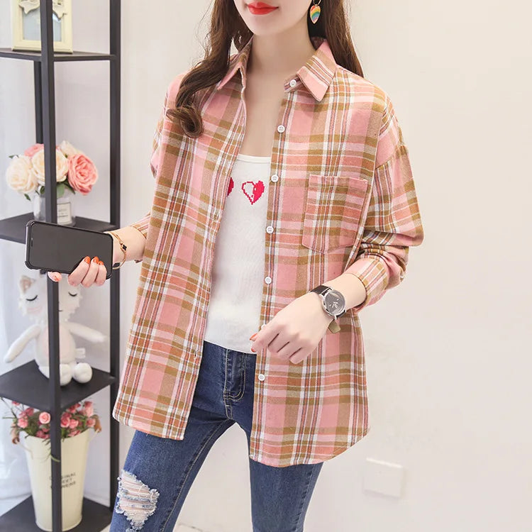 Casual Women's Plaid Shirt 2025 Spring Autumn New Ladies Loose Blouse and Tops Female Long Sleeve Shirts Fresh Checked Clothes